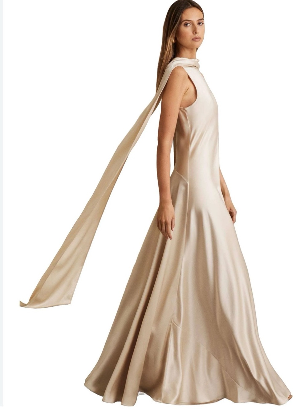 Reiss Fae Satin Cape Maxi dress champagne UK4/US0 - Picture 2 of 11